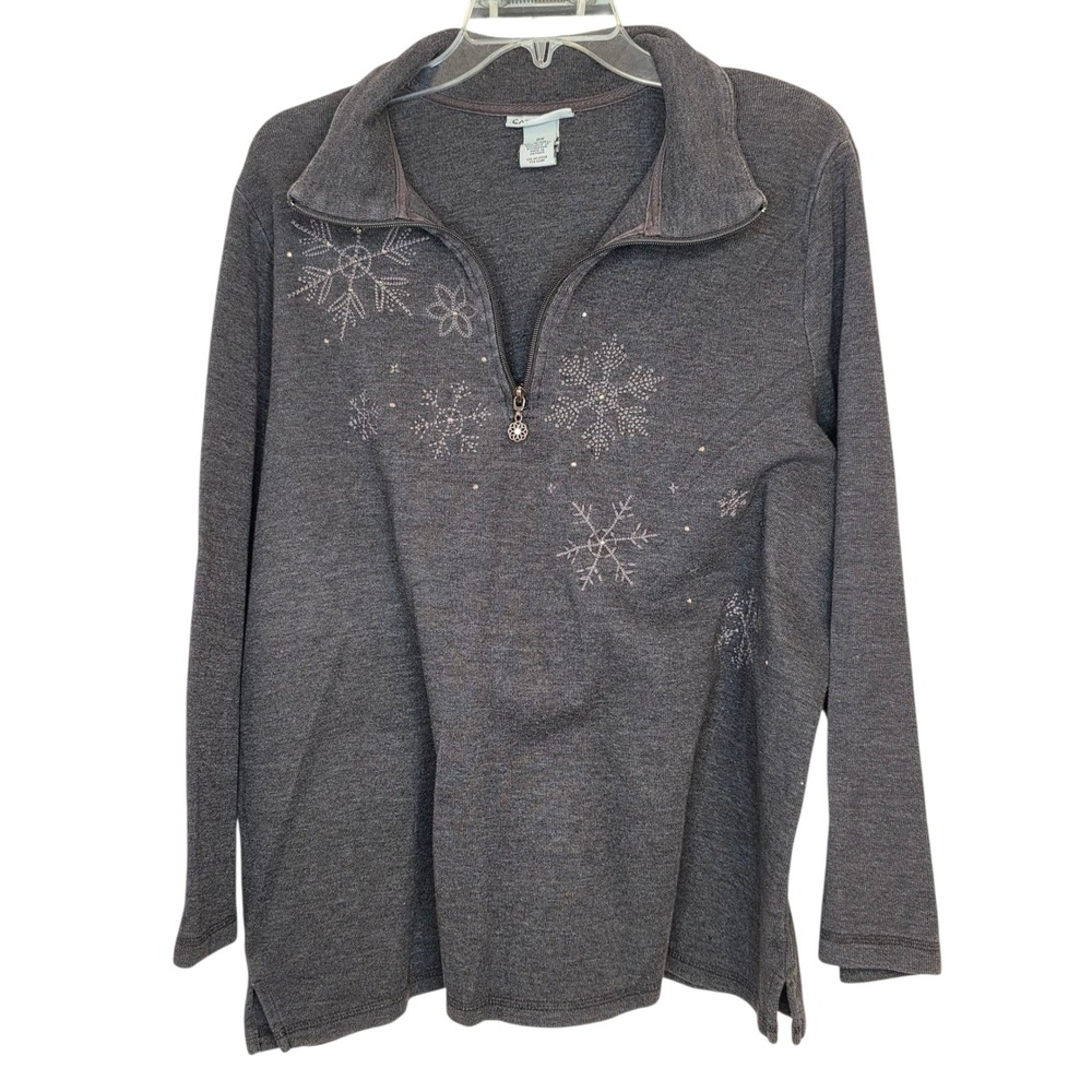 Catherines 0X Womens Gray Embellished Snowflake Pullover 1/4 Zip Top